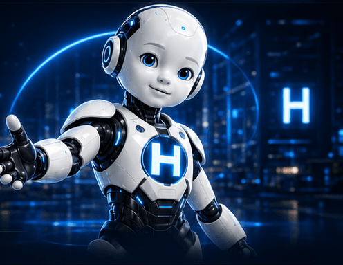 Hayen, a friendly young white AI robot boy with a glowing H emblem on his chest